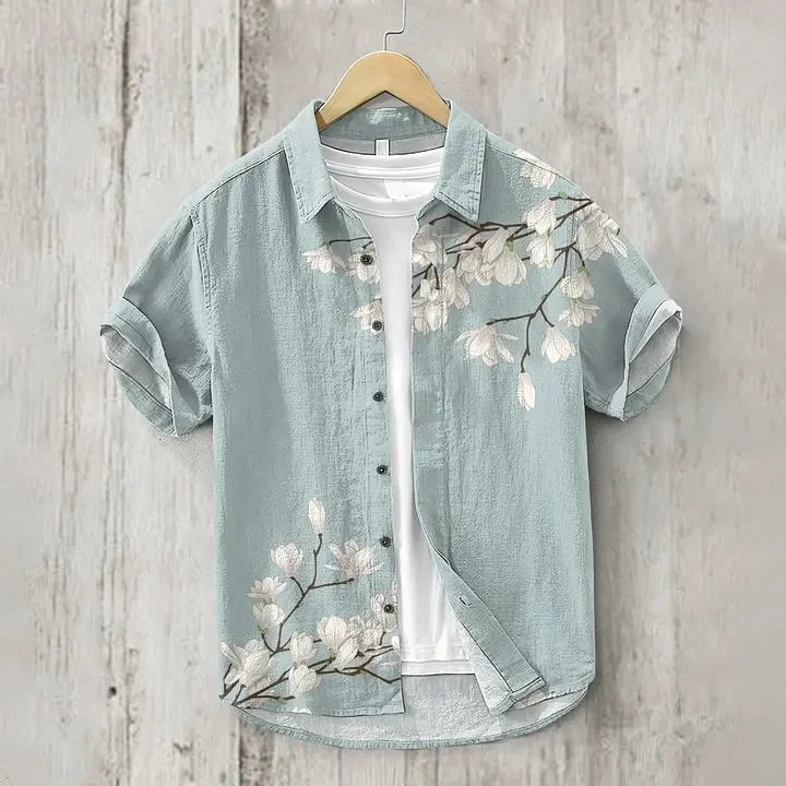 New Men's Casual Short-Sleeved Lapel Shirt with 3D Sunset Print Fashionable Pattern Comfortable Shirt Top