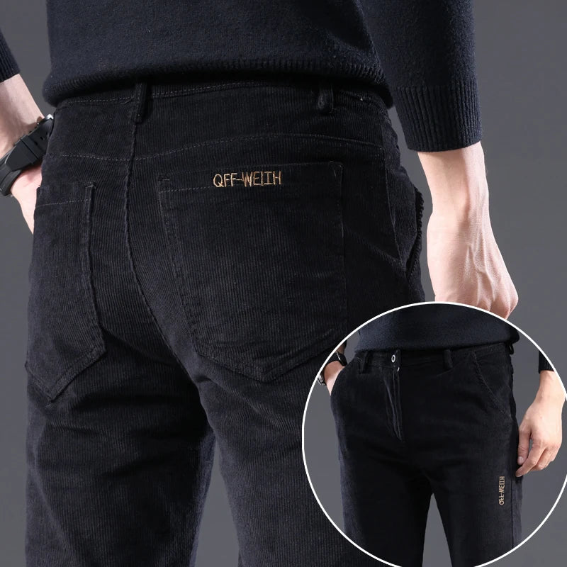 3 Colors Corduroy Slim Straight Men's Casual Pants Autumn Winter Embroidery Fashion Stretch Trousers Brand Male Clothing New