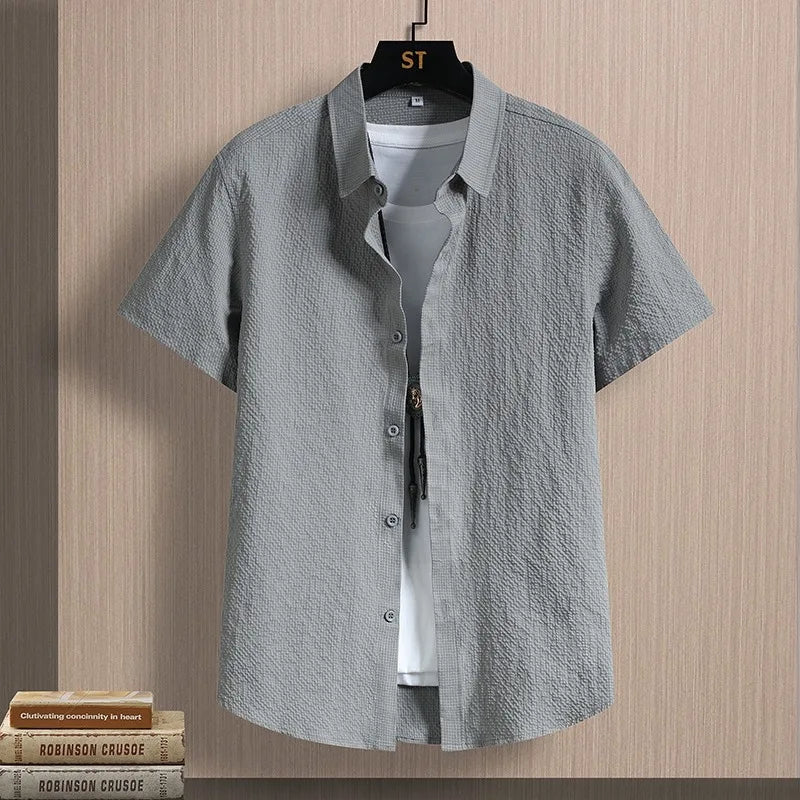 Men's Shirts Seersucker Short Sleeve Male Shirts Summer Casual Business Textured Solid Button Up Office Top