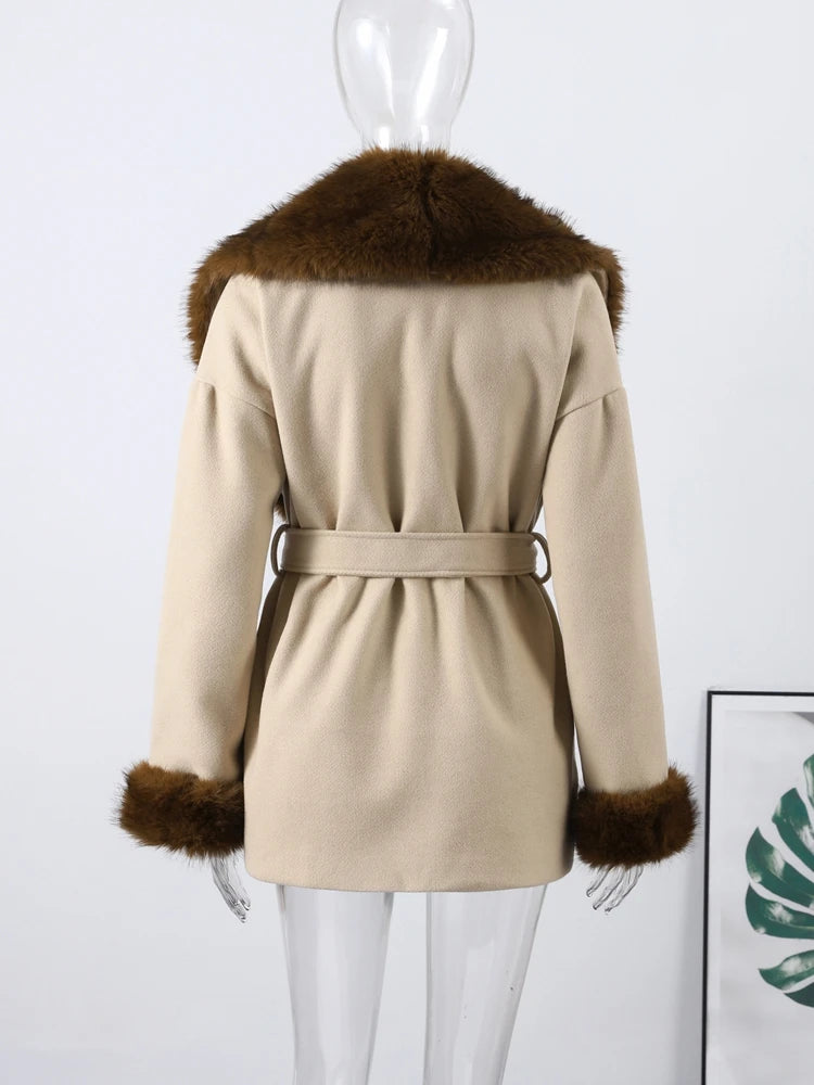 Street Faux Fur Belt Woolen Women Coat Urban Shawl Collar Belted Waist Full Sleeve Female Coats 2025 Autumn Winter Lady Outwear