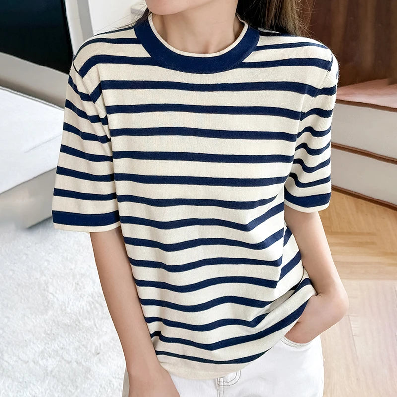 Summer New 100% Pure Cotton Knitted Short Sleeved Casual Women's T-Shirt Round Neck Loose Tees Striped Pullover Tops Cool