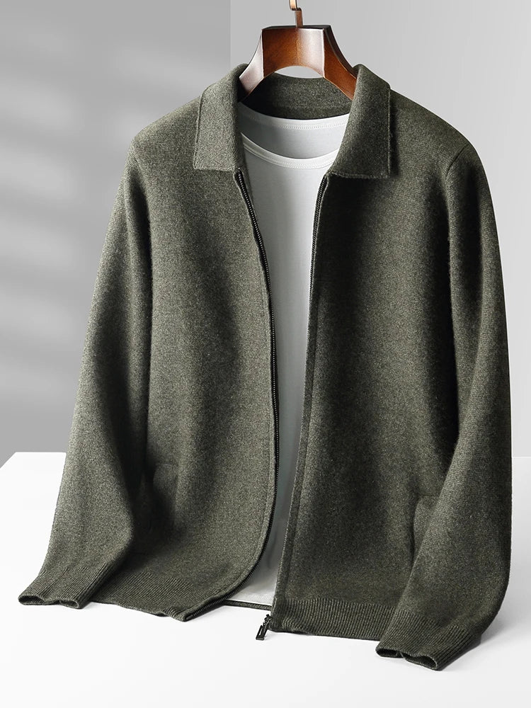 CHICUU Men Thick Polo Zipper Wool Cardigan Smart Casual Soft Warm Cashmere Sweater Coat Autumn Winter 100% Merino Wool Knitwear