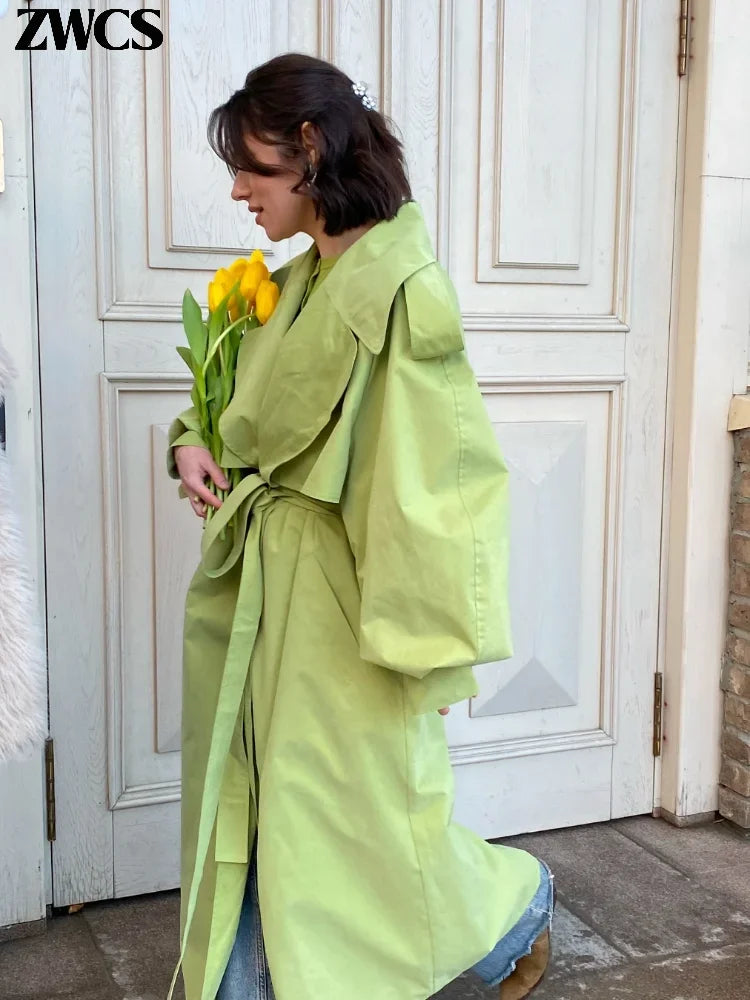 Green Belted Lapel Trench Coat Women's Loose Lace-up Button Full Sleeve Windbreakers 2026 New Autumn Ladies High Street Outwear