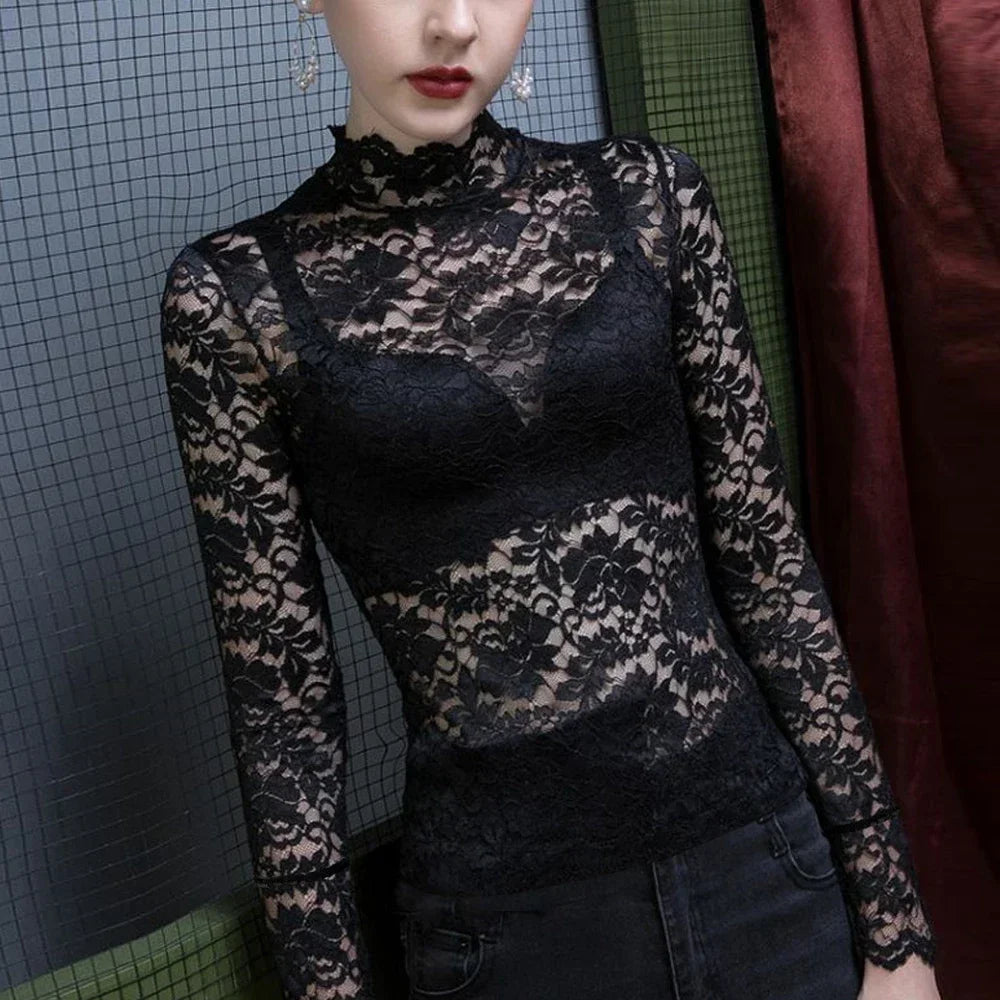 Stretch Flowers Lace T Shirt Women Turtleneck Petal Sleeve Shirts Girl S-3XL Pink Green Black Blusas Top Ladies Mujer De Moda