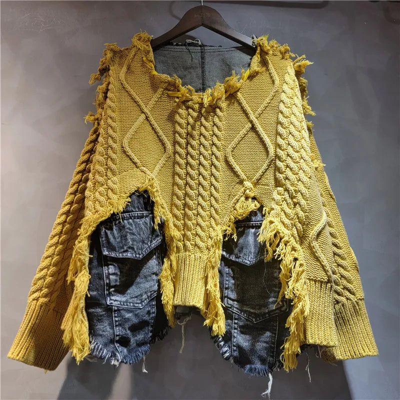 2025 Autumn New Denim Patchwork Knitted Pullover Sweater for Women, Loose Slimming Washed Vintage Top Trendy