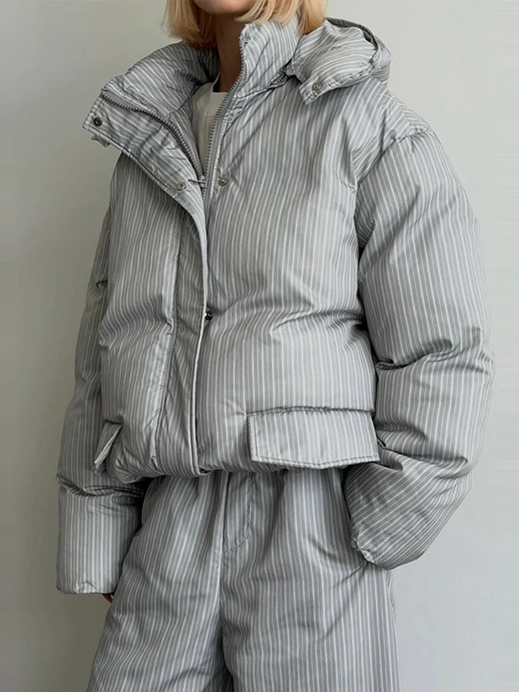 Casual Striped Women's Cotton Coat Trouser Suits Hooded Zippers Thicken Lady Set 2026 Autumn Winter Chic Female Outfits