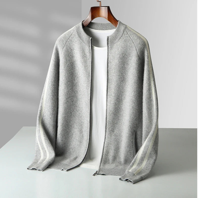 ATTYYWS  Men's new cardigan 100% wool sweater color blocked knit casual autumn and winter coat men's O-neck cashmere sweater