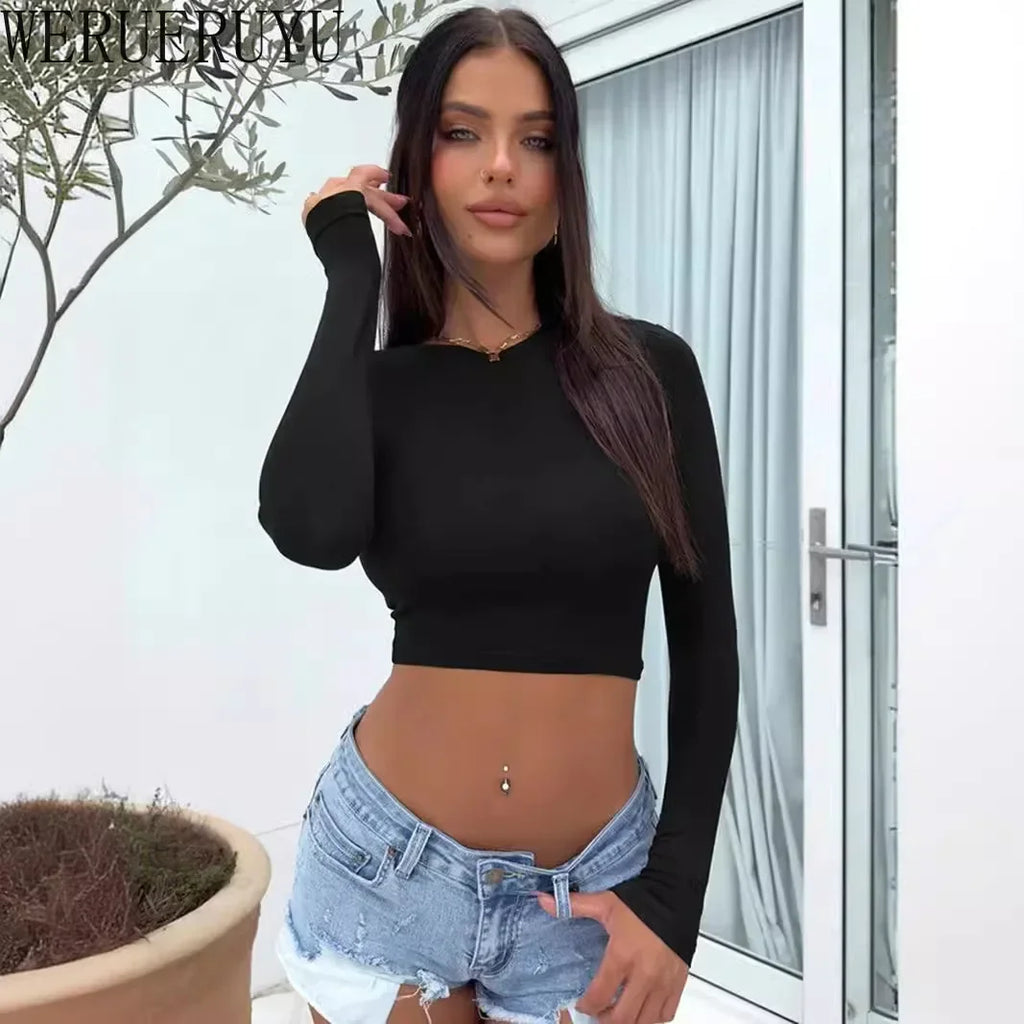 Long Sleeve Crop Top White T-shirts Womens Y2k Clothes Spring Winter Fashion Solid Color Sexy Tight Short T-shirt for Women 2025