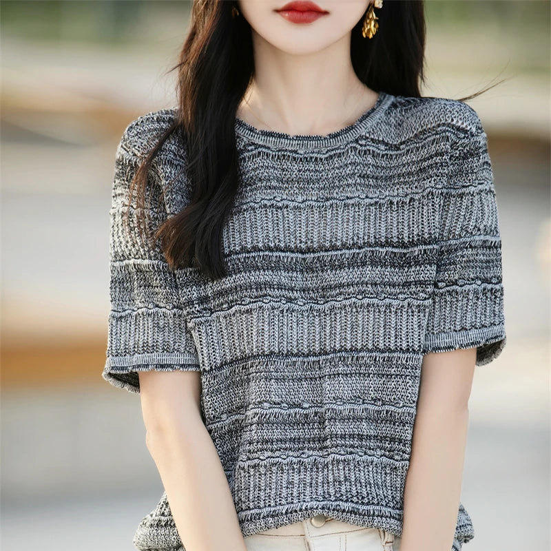 Women's T-Shirt Summer 100% Cotton Sweater Short Sleeve Striped Knitted Round Neck Ladies Tops Loose Blouse Pullover Tees