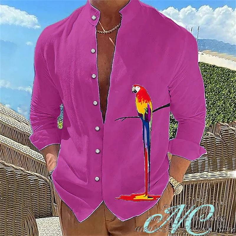 15 Color Men's Shirt Long-Sleeved Shirt 3D Printing Parrot Pattern Standing Collar Clothing Fashion Casual XS-6XL Size