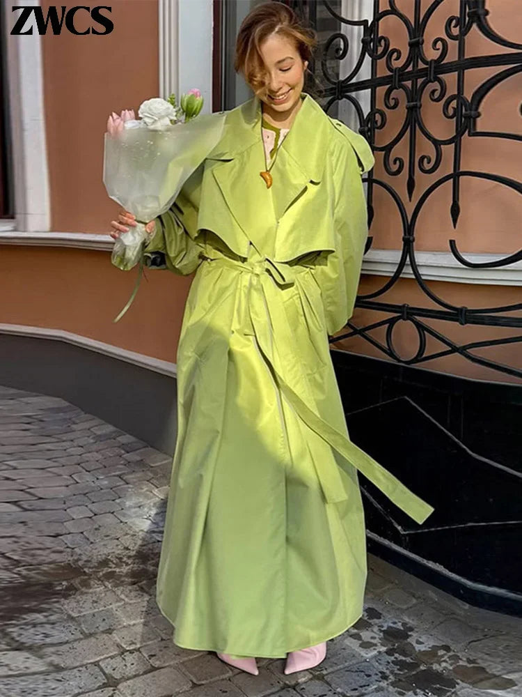 Green Belted Lapel Trench Coat Women's Loose Lace-up Button Full Sleeve Windbreakers 2026 New Autumn Ladies High Street Outwear