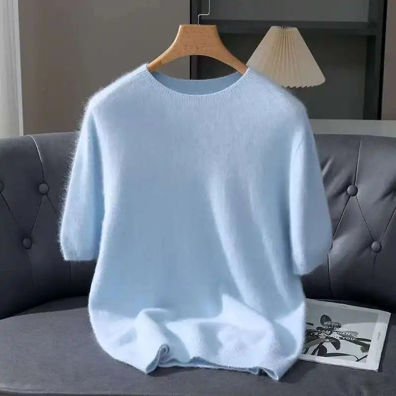 2026 Spring And Autumn New Men's Round Neck Solid Color Mink Fleece Sweater Youth Casual Hoodie Half Sleeve Knitted T-shirt Base