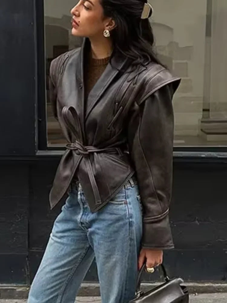 Vintage Women V-neck Belt Faux Leather Jackets Chic Full Sleeve Lace Up High Waist Lapel Overcoat Autumn Female Street Outerwear