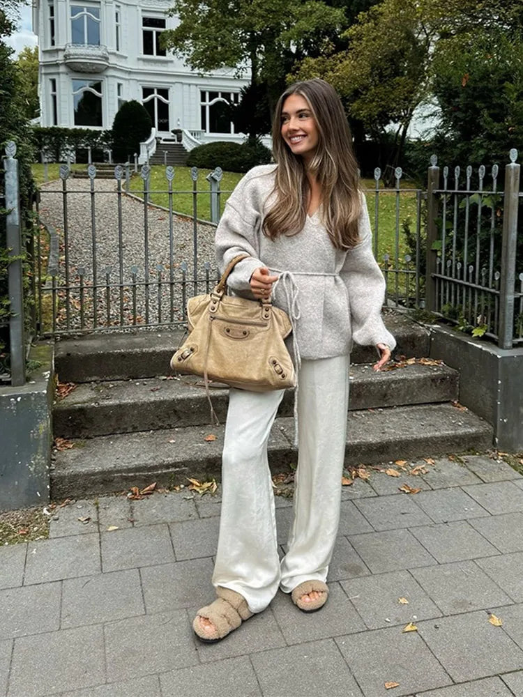 Casual Knit Cardigan Women Loose V Neck Long Sleeves Lace Up Sweater Coats Female 2025 Autumn Winter Solid Soft Chic Knitwears