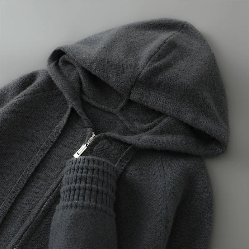 S-XXXL Autumn and winter 2025 new 100% Merino wool knitted cardigan men's hooded sweater casual high-end jacket full sleeves