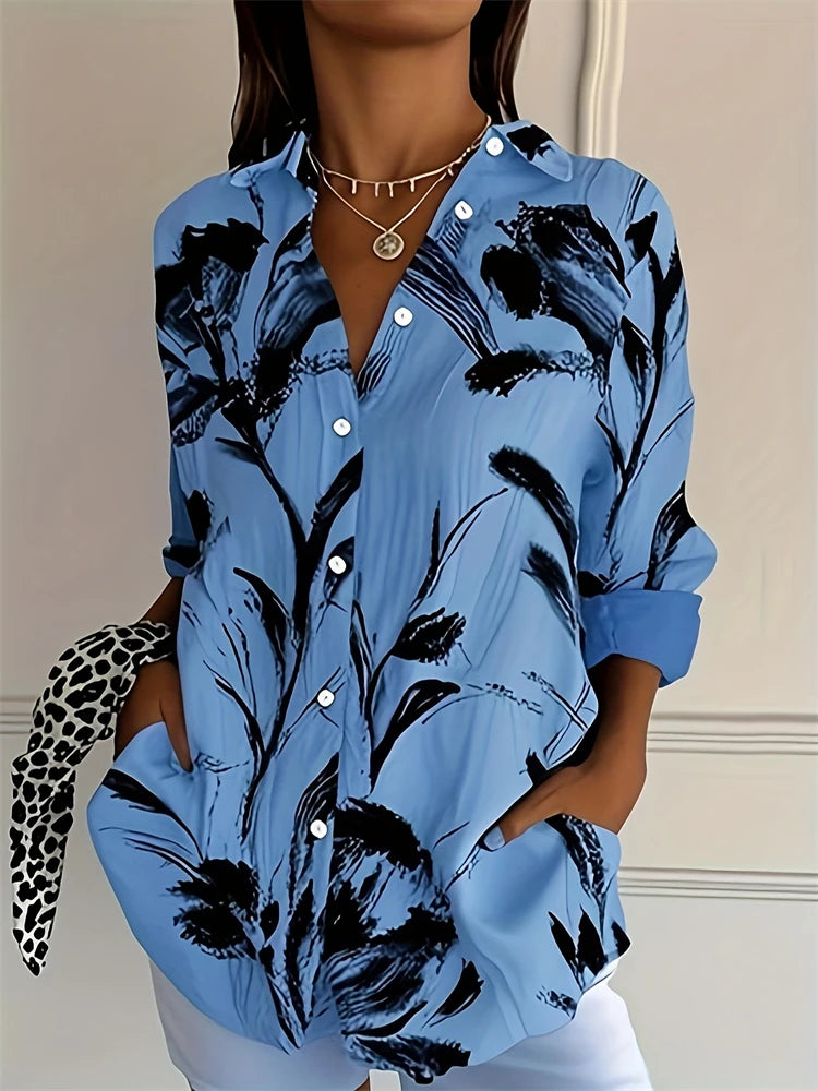 New Summer Fashion Women's Lapel Shirt Big Size Button Long Sleeve Daily Weekend V Neck Tops Floral Printed Loose Casual Shirt