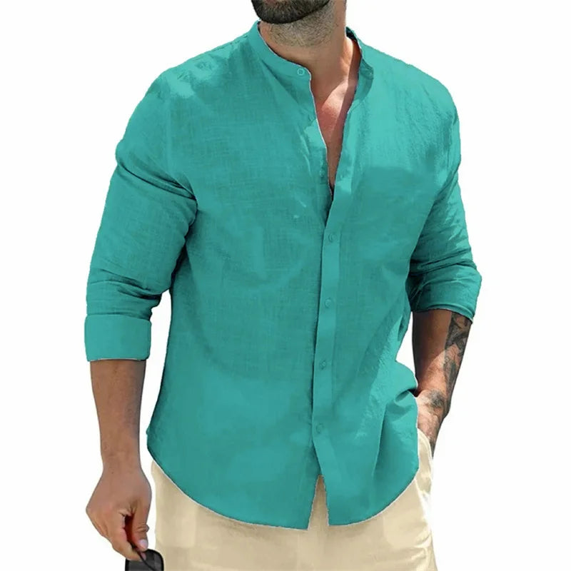 Men's shirt, long-sleeved shirt, solid color, round neck, single-breasted shirt, outdoor casual business office clothing, large