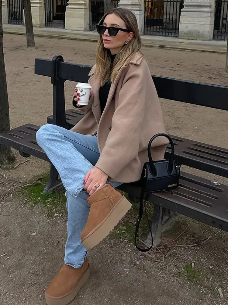 Elegant Woolen Lapel Coat Loose Solid Long Sleeve Single Breasted Pocket Female Jackets 2025 Autumn Fashion Street Lady Outwear