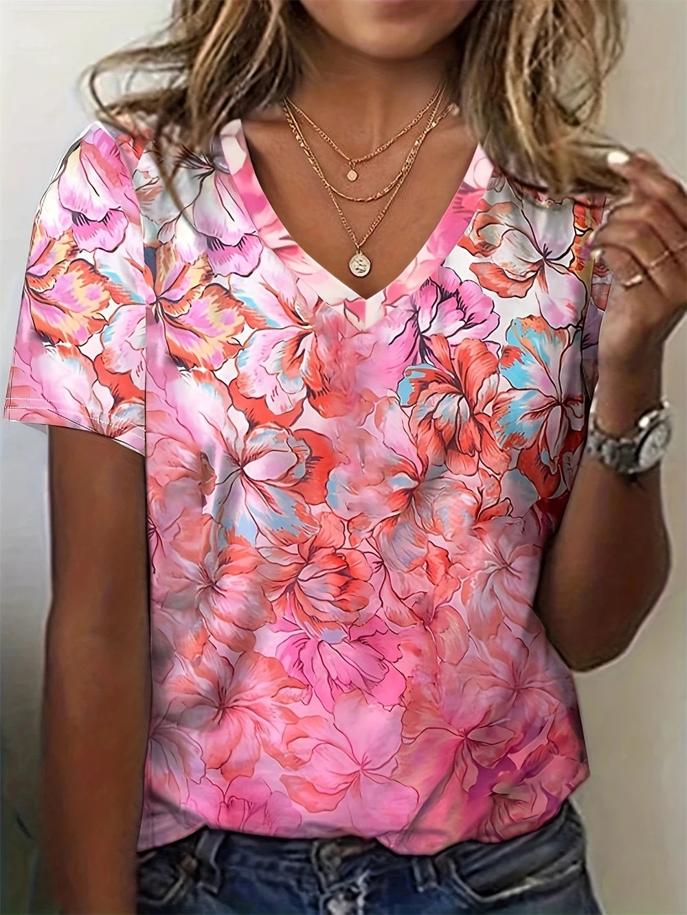 Summer Large Size Women's T-Shirt Fashion Blue Flowers Print Leisure Elegant V-Neck T-Shirt Daily Comfortable Women's T-Shirt