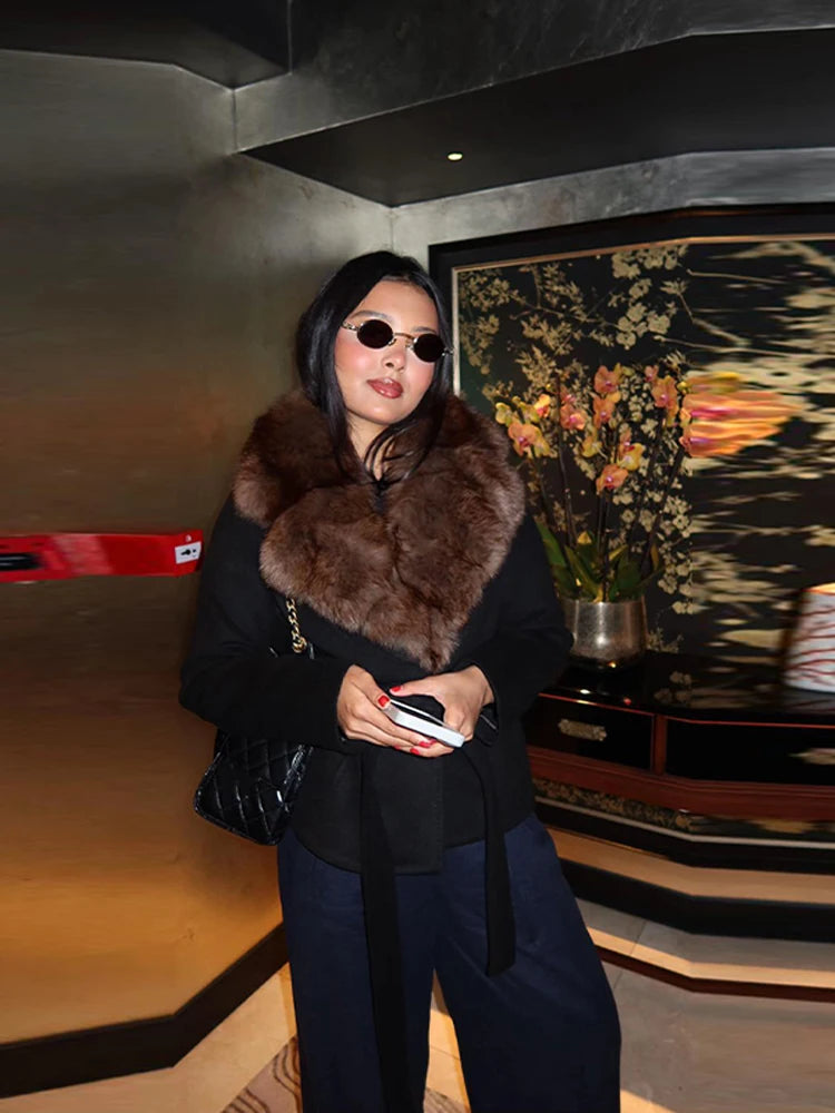 2026 Spring Autumn Faux Fur Collar Lace Up Jacket For Women Casual High Street Long Sleeve Belt Coats Lady Chic Street Outerwear