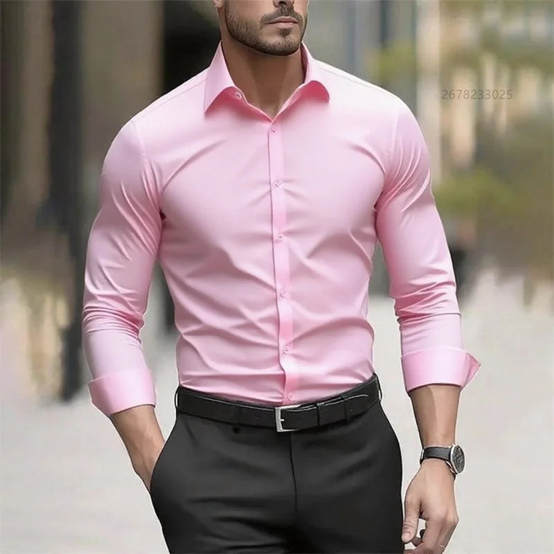 Solid Color Men's Shirt Casual White Shirt, High Quality Solid Color Long Sleeve Stretch Fabric, Business Formal Shirt, XS-6XL