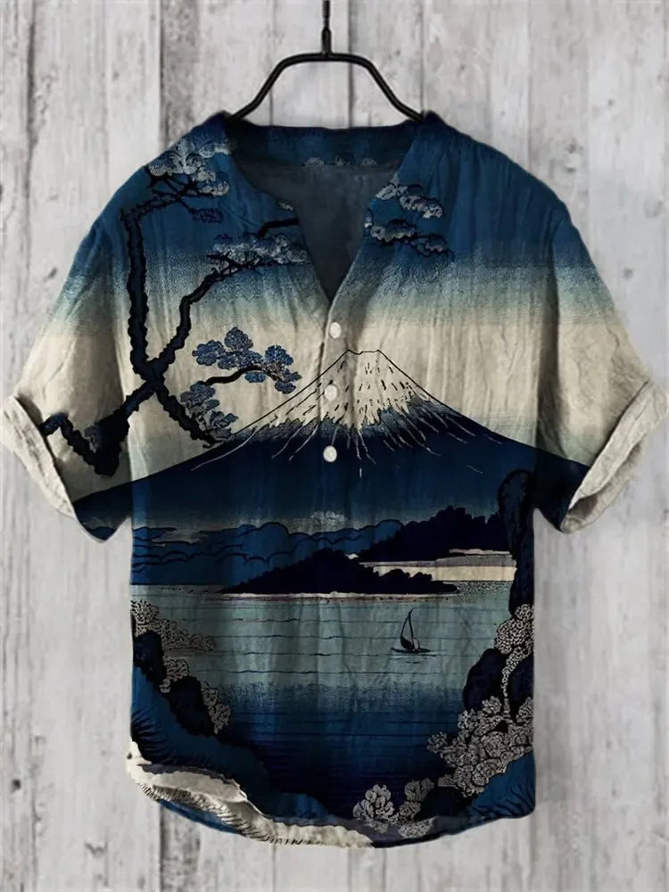 New Men's Casual Short-Sleeved Lapel Shirt with 3D Sunset Print Fashionable Pattern Comfortable Shirt Top