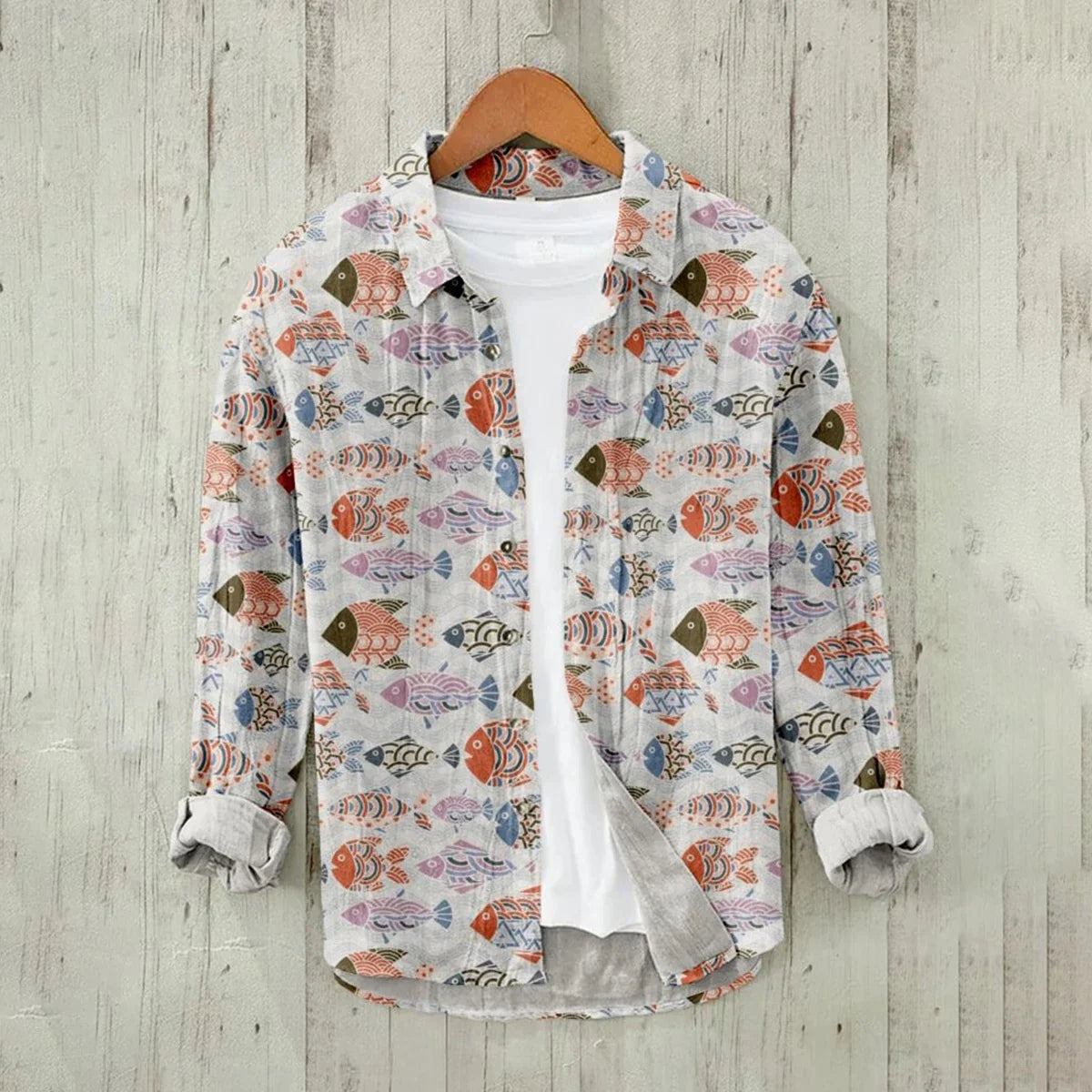Men's Long-sleeved Linen Shirt Casual And Comfortable Printed Sea Octopus Turtle Series Pattern Hawaiian Comfortable Large Size