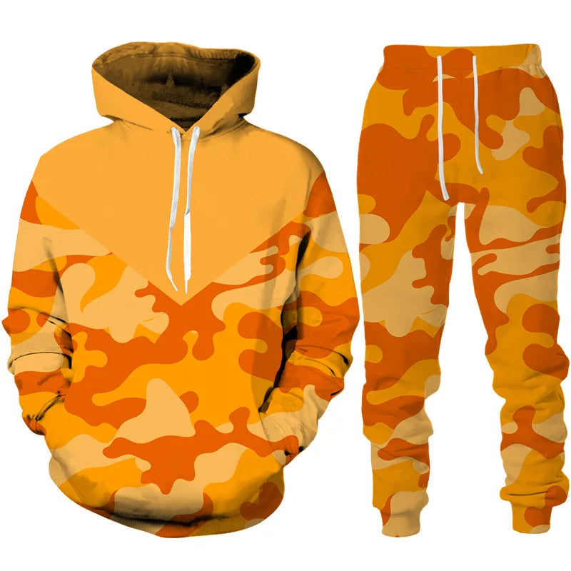 Men's Camouflage Hoodie Pant Suit 3D Print Hooded Sweatshirt Casual Outdoor Tracksuit Outfits Oversized Men's Clothing 2pcs Sets