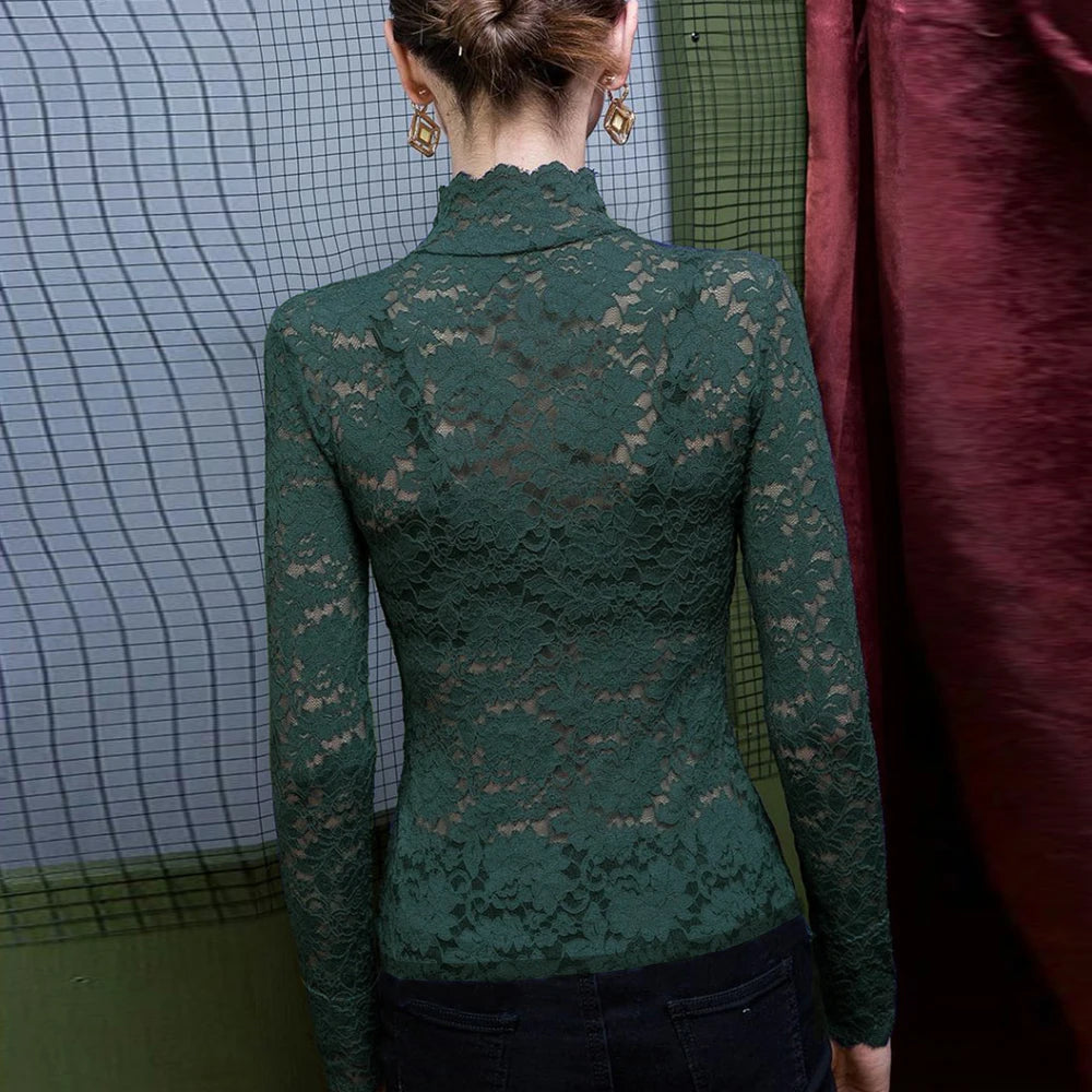 Stretch Flowers Lace T Shirt Women Turtleneck Petal Sleeve Shirts Girl S-3XL Pink Green Black Blusas Top Ladies Mujer De Moda