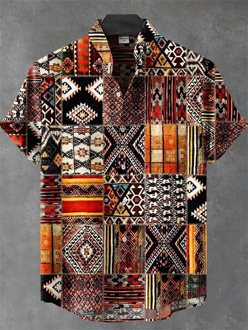 Men's Vintage Art Shirt Vintage Abstract 3D Geometric Print Short Sleeve Linen Casual Shirt Holiday Clothing