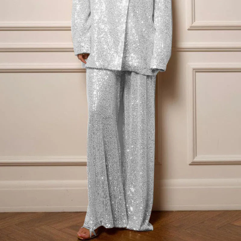 Casual Sequin Jackets Pants Set Women Golden Long Sleeve Lapel Button Wide Leg Pant Autumn Lady Suit Urban Street Loose Sets