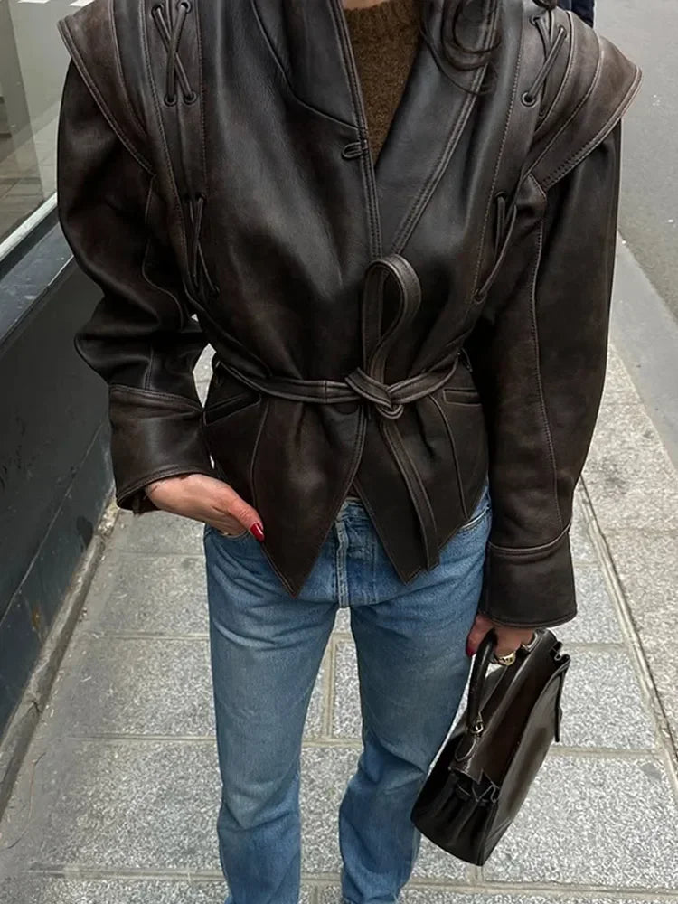 Vintage Women V-neck Belt Faux Leather Jackets Chic Full Sleeve Lace Up High Waist Lapel Overcoat Autumn Female Street Outerwear