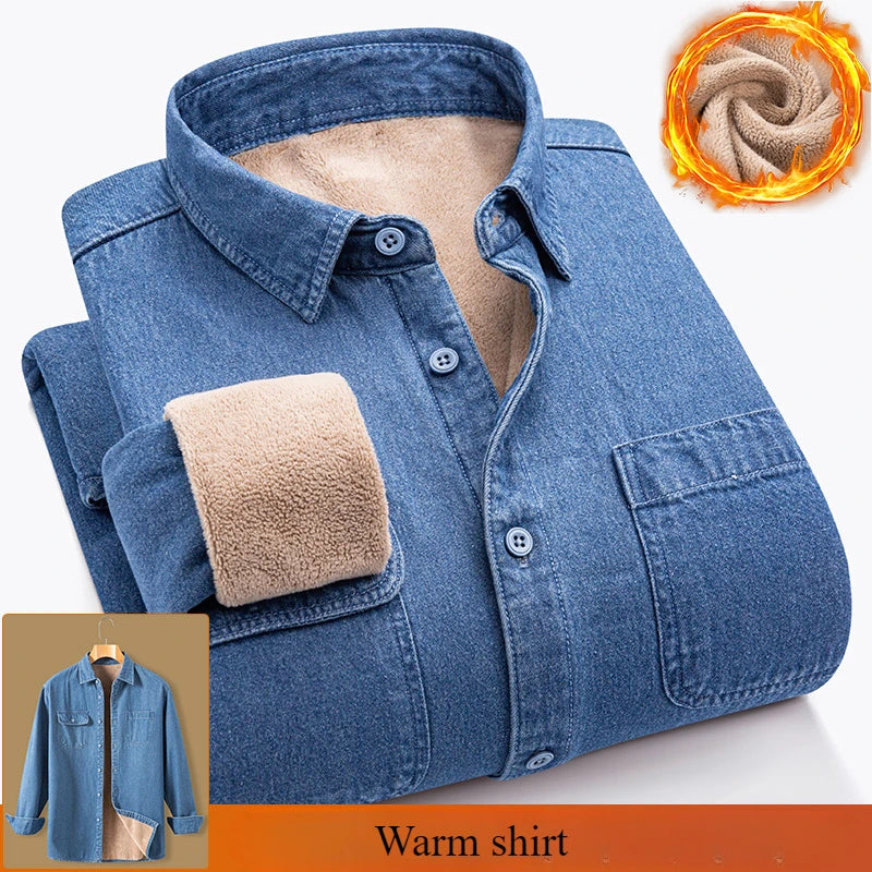 New in shirt Winter Thick Warm cowboy long sleeve shirts for men slim fit casual single pocket tops linen cotton elegant clothes