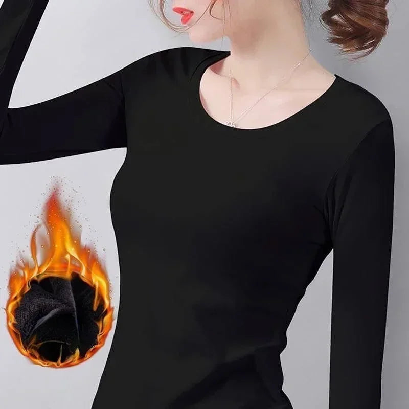 Winter Women Thermal Underwear T-Shirt Turtleneck Bottom Shirt Solid Semi High Collar Long Sleeve Basic Heating Fiber Pullovers