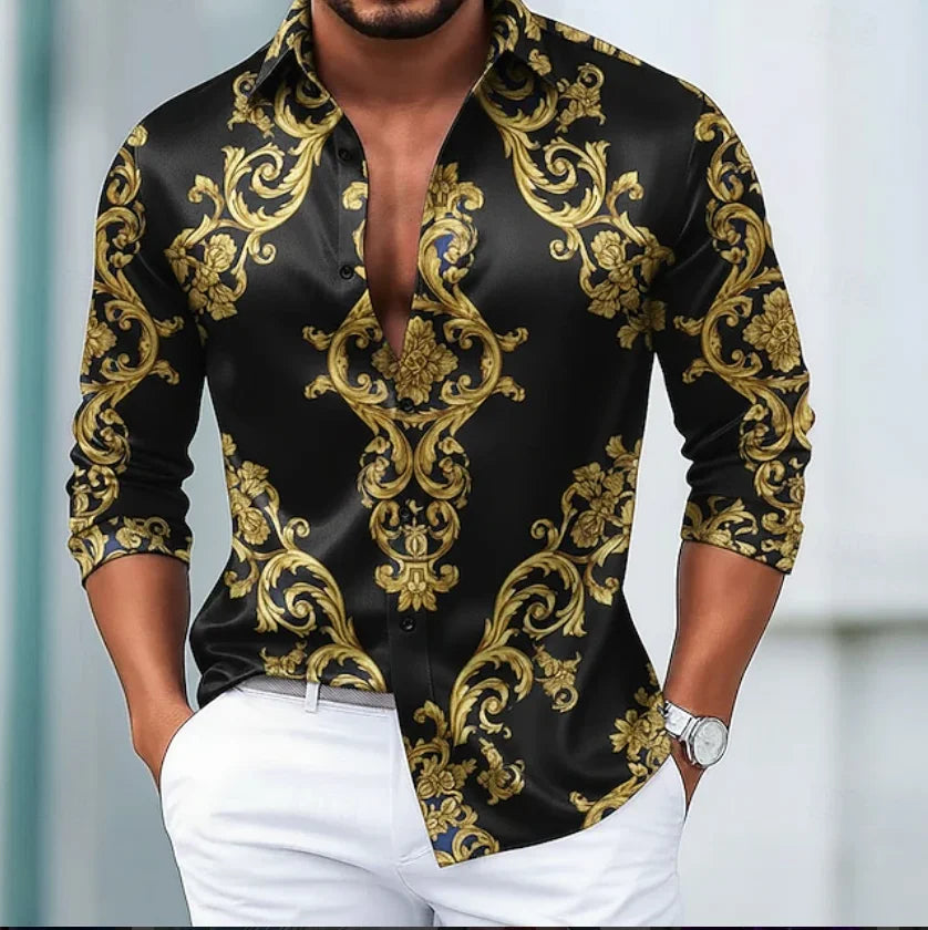 3D floral print men's long sleeved shirt, comfortable lapel top, Hawaiian long sleeved shirt, new top clothing