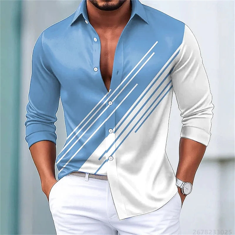 Men's stylish contrasting striped long-sleeved shirt, European and American style slim-fit casual shirt, 15 colors available