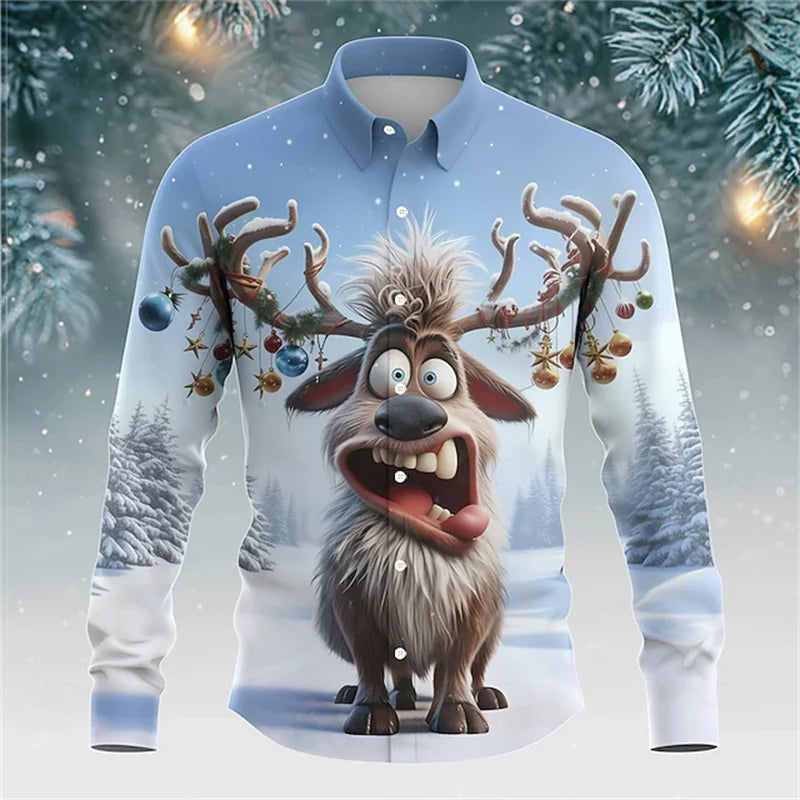 Christmas men's reindeer bell fun Christmas shirt long-sleeved button shirt Christmas gift autumn and winter collar shirt