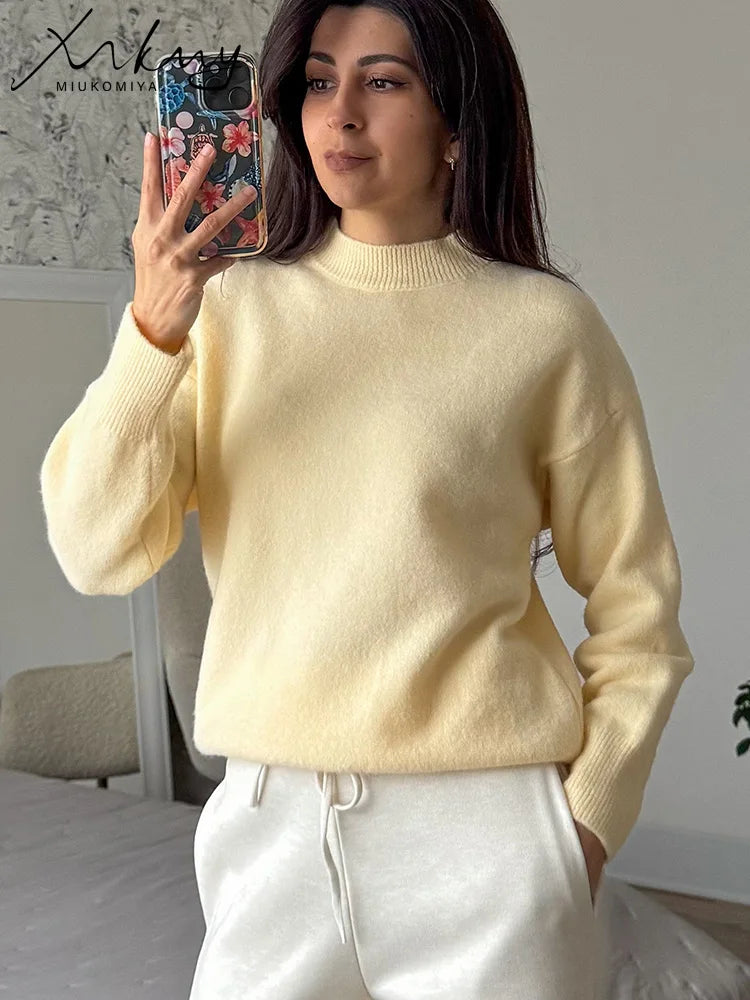 MiuKoMiYa Winter Sweater Women Yellow Warm O Neck Knitted Pullovers Loose Outwear Autumn Jumpers Women Vintage Sweaters Pink