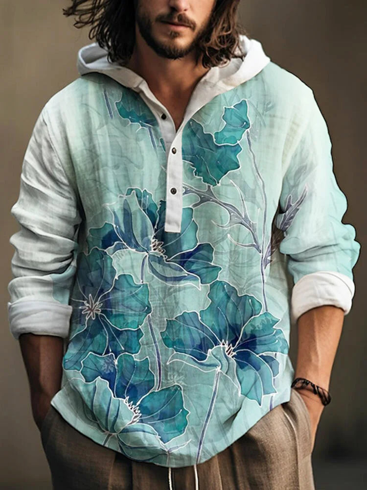 Spring and Autumn Men's Shirt Linen Fashion Casual Bamboo Hawaiian Style Printed Shirt Men's Top Long Sleeve Hooded Pullover