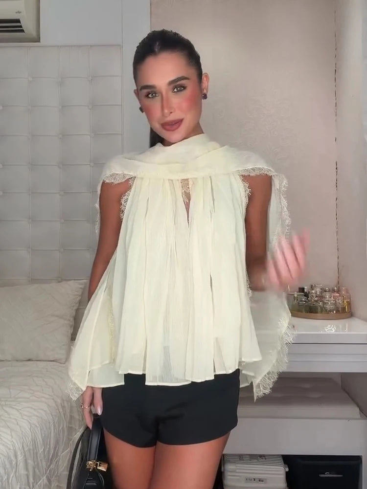  Elegant Ribbon Chiffon Shirt Women's Lace Patchwork Sleeveless Tops 2026 Spring Summer New Female Versatile Blouses Clothes