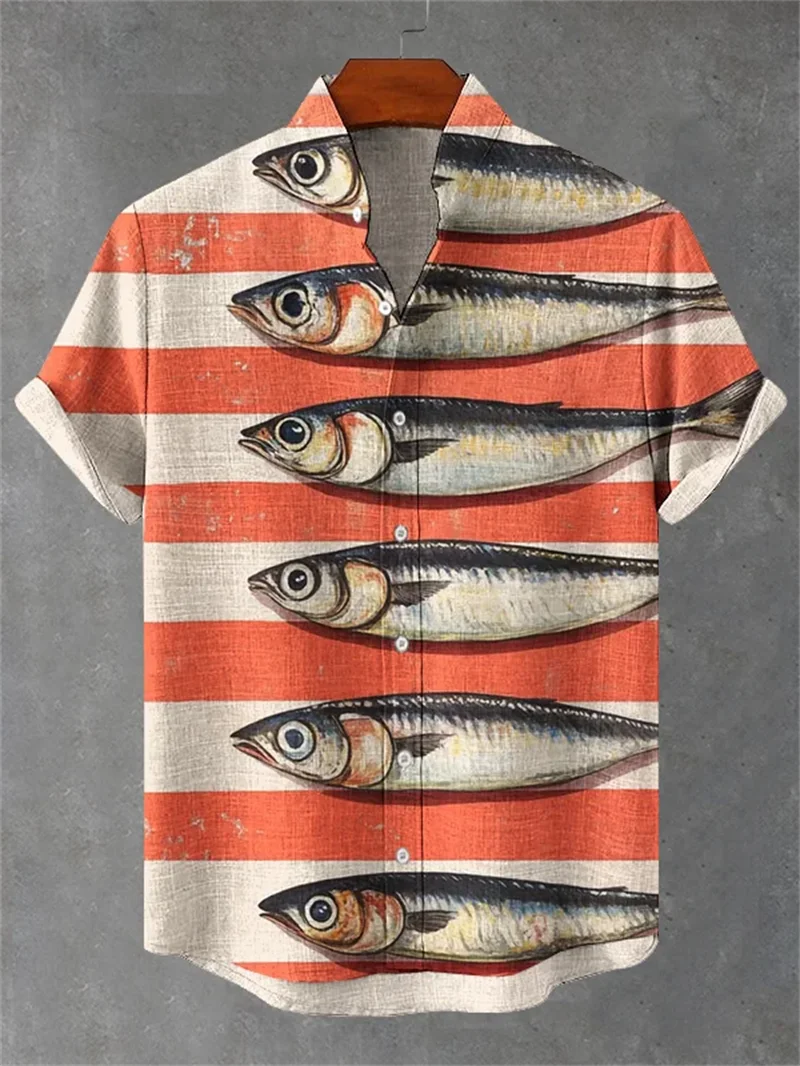 Men's New Comfortable Linen Short-Sleeved Shirt with 3D Salted Fish Print Pattern Button-Up Short-Sleeved Top