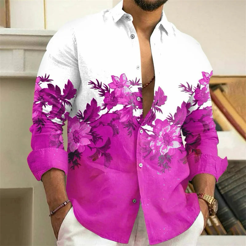Men's Shirt 3D Floral Print Lapel Long Sleeve Men's Tops Vintage 2025 Street Trend Outdoor Fashion Dress Designer XS-6XL