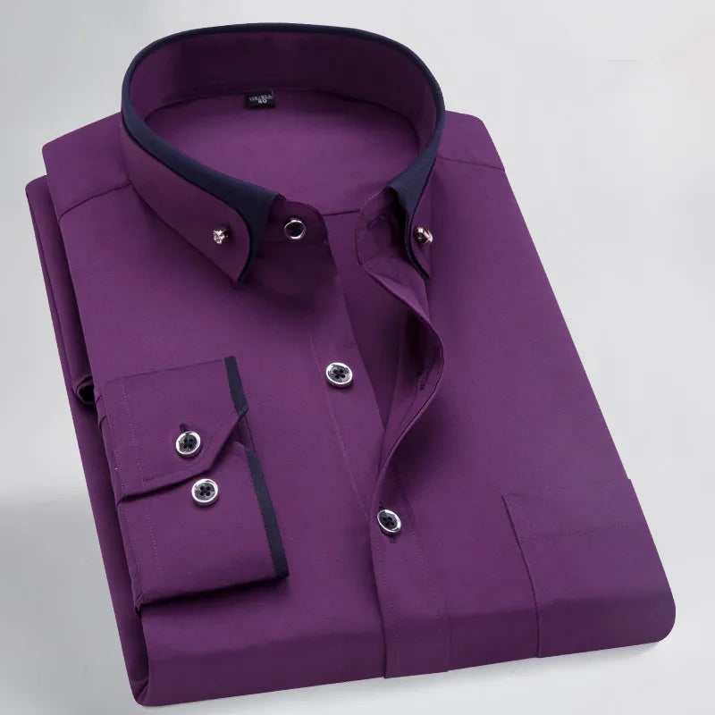 New Men's Business Shirt Long Sleeve Spring Autumn Contrast Collar Paired With Diamond Anti Wrinkle Buttoned Pink For Wedding