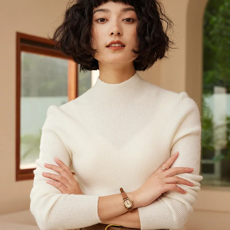 Autumn and Winter New Women's 100% Pure Cashmere Semi High Neck Pullover Sweater Knitted Slim Fit Hot Selling Women's Top