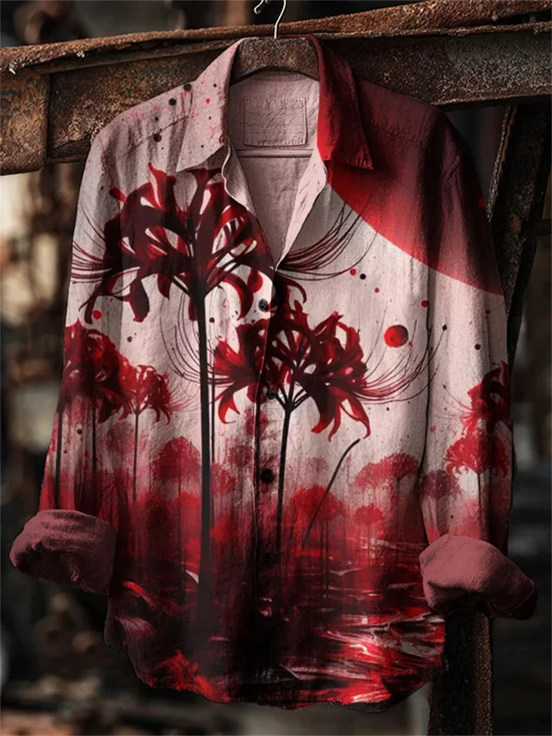 New Men's Long Sleeve Shirt 3D Across Flower Print Long Sleeve Casual Shirt Linen Fashion Lapel Button Shirt Top