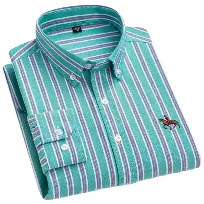 2024 new autumn men's long-sleeved plaid striped100% cotton Oxford spinning chest embroidery regular fit button work shirt S~6XL