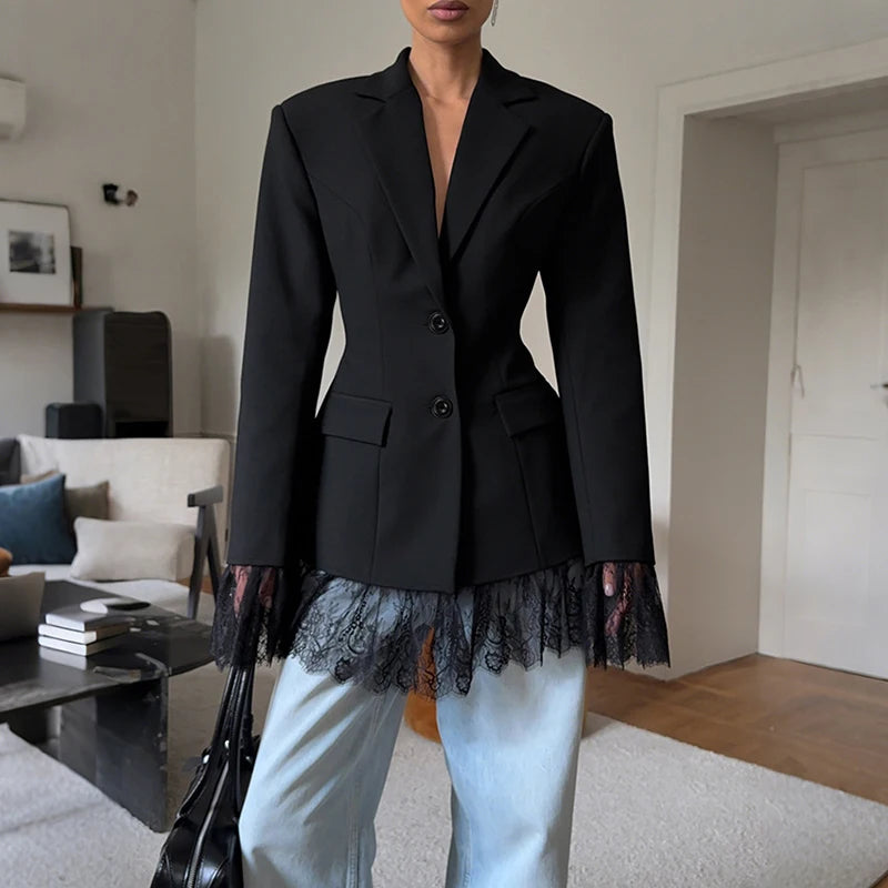 Lace Trimmed Single Breasted Blazer Long Sleeve Tailored Slim Women 2025 Autumn Elegant Suit Jacket Office Party Chic Lady Coat