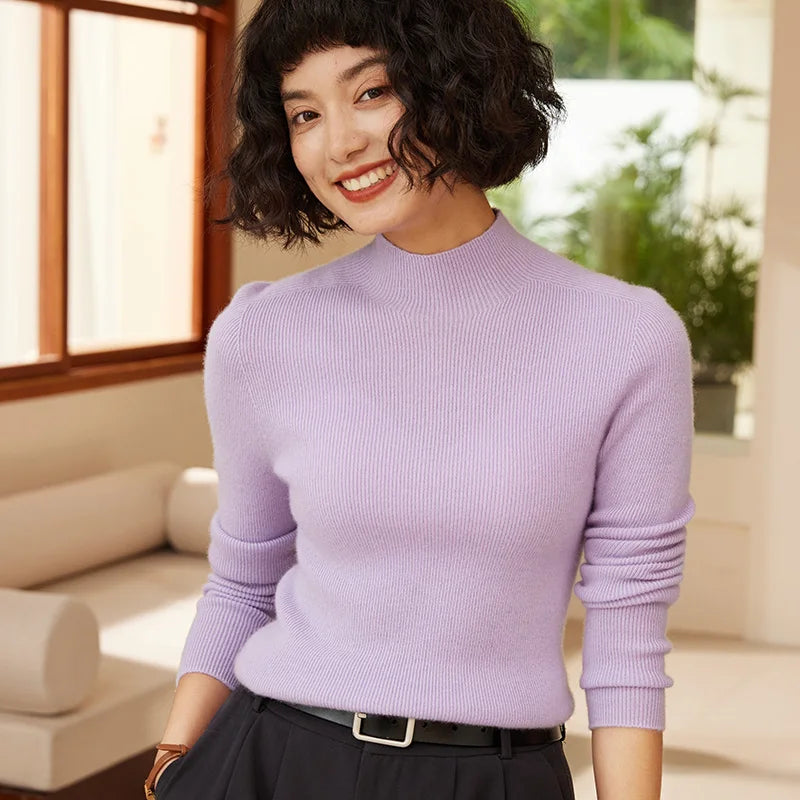 Autumn and Winter New Women's 100% Pure Cashmere Semi High Neck Pullover Sweater Knitted Slim Fit Hot Selling Women's Top