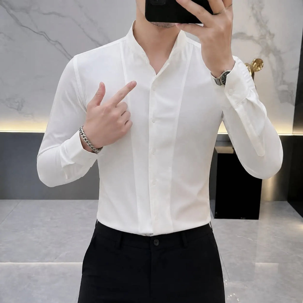 Black/White Men's Social Shirts Plus Size 5XL-M Plain Color Long Sleeve Men Dress Shirt Slim Fit Business Formal Wear OfficeWear