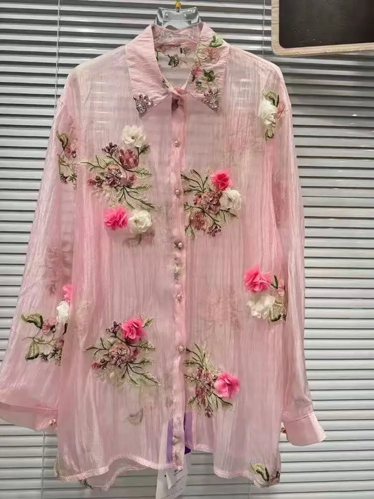 New In 2025 Summer Diamonds Flowers Embroidery Shirts Blouses For Women Long Sleeve Thin Sunscreen  Loose Casual Top Cardigan